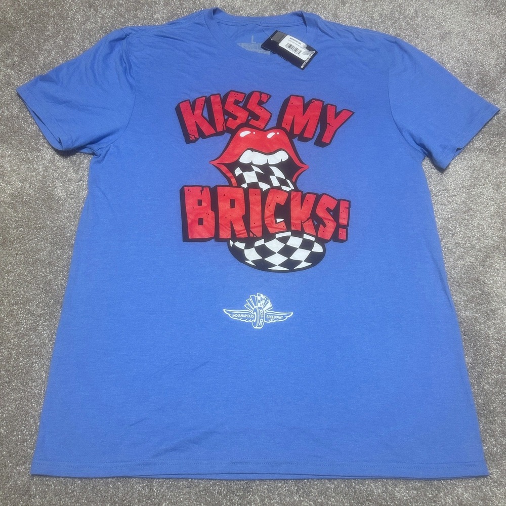 United State of Indiana Mens L Kiss My Bricks Graphic Tee Blue Indy 500 Racing